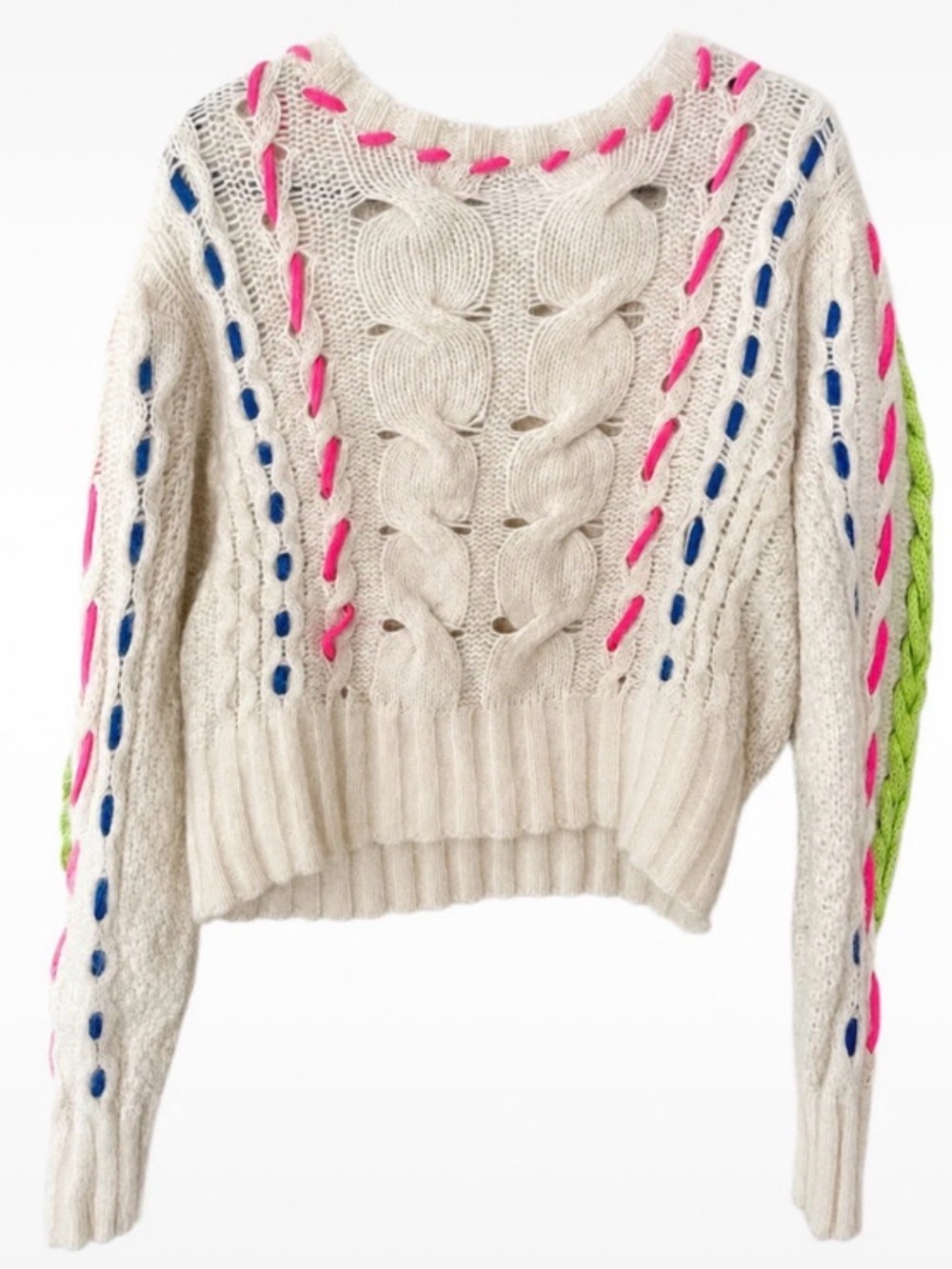 kate spade Cream Cable Knit Sweater with Pink, Blue and Green Accents